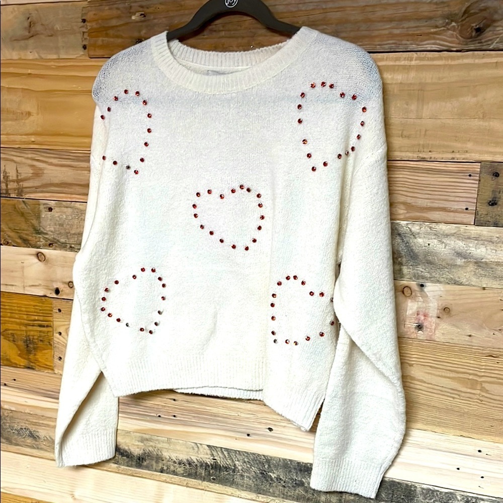 Love Tree Heart Embellished Size Medium White With Red Gemstone Crewneck Sweater